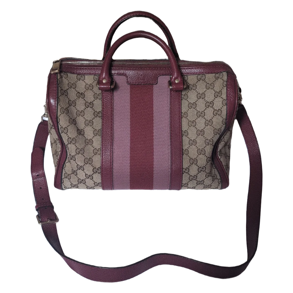 Gucci GG Canvas Boston Bag with pink stripe