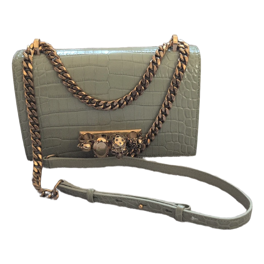 Alexander McQueen Skull Jewelled Croc-Embossed Bag 