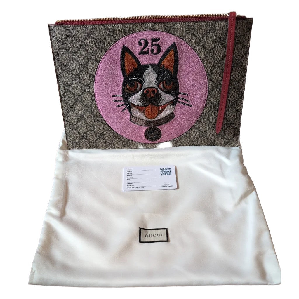 Gucci GG Supreme Bosco Dog Applique Pouch Clutch