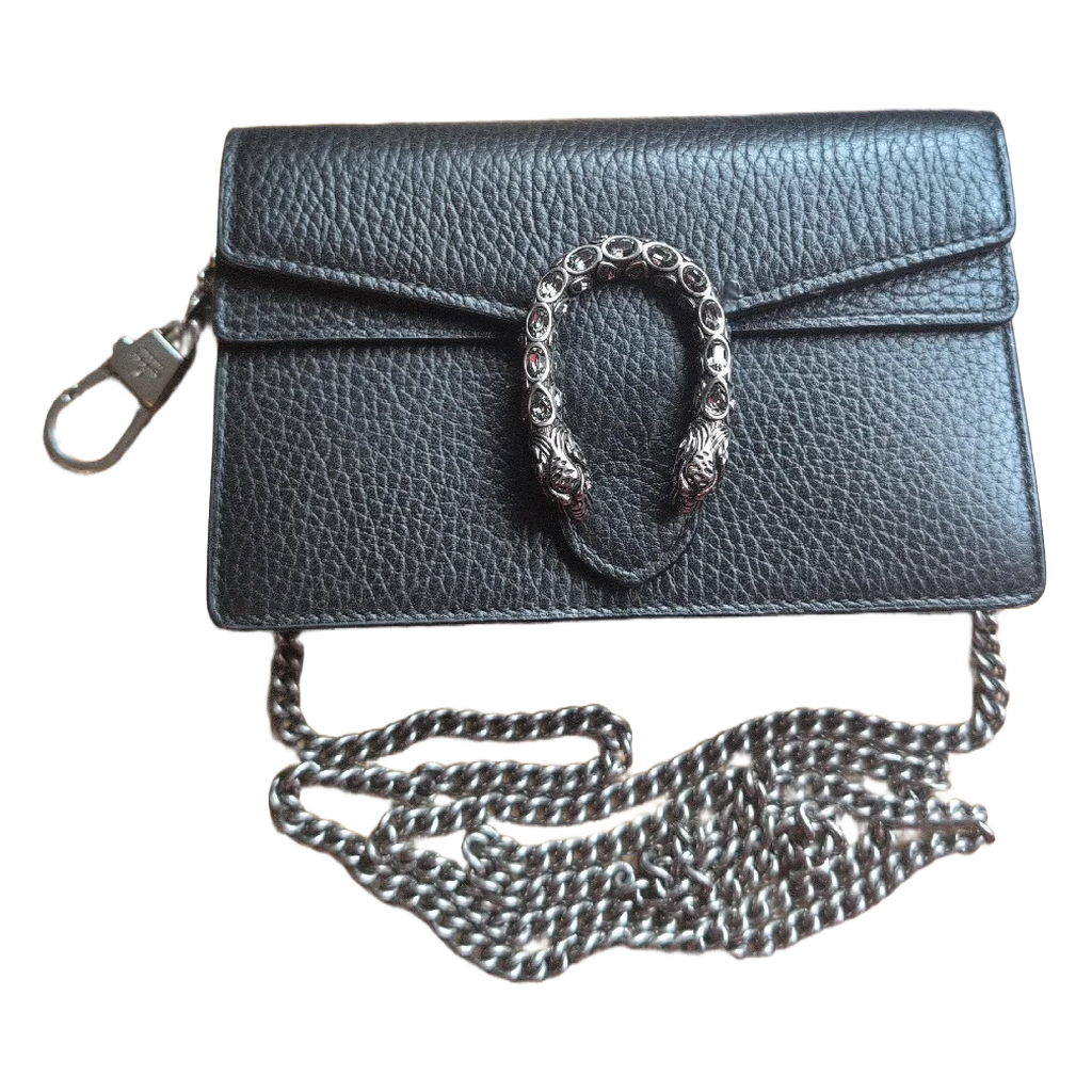 front view with chain Pre-Owned Gucci Dionysus Black Pebbled Leather Mini Bag