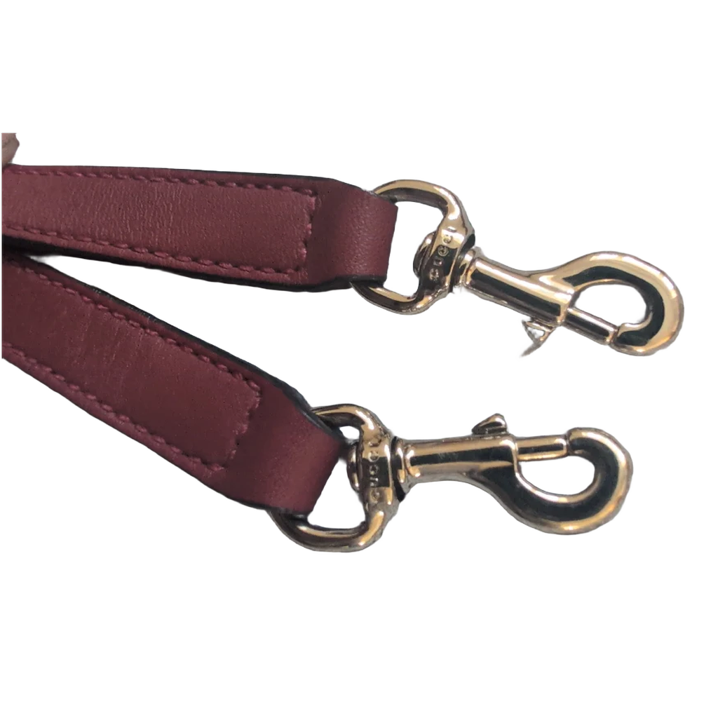 showing gold hardware on strap for Pre-Owned Gucci GG Medium Red Top Handle Bag Guccissima