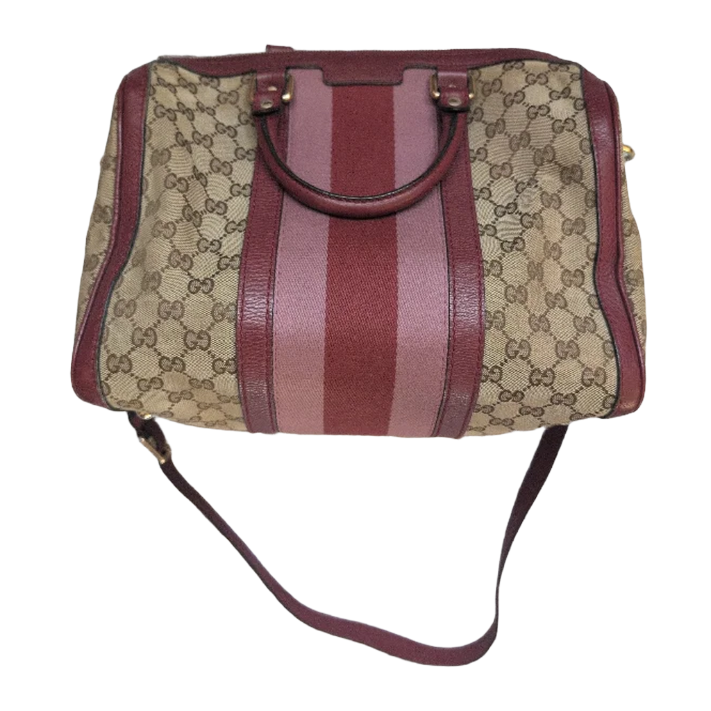 Pre-Owned Gucci Brown GG Canvas/Pink Striped Boston Bag front