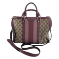 front of Pre-Owned Gucci Brown GG Canvas/Pink Striped Boston Bag
