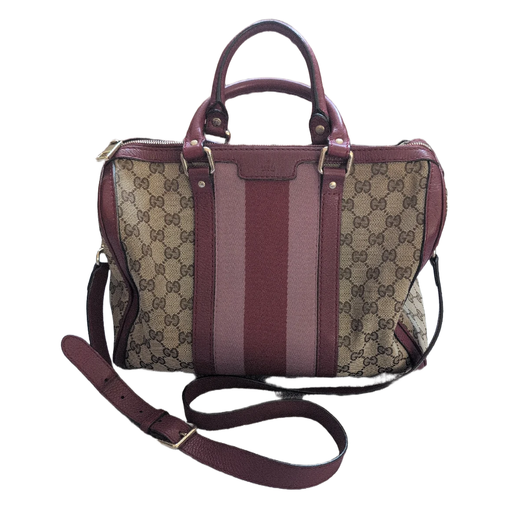 front of Pre-Owned Gucci Brown GG Canvas/Pink Striped Boston Bag
