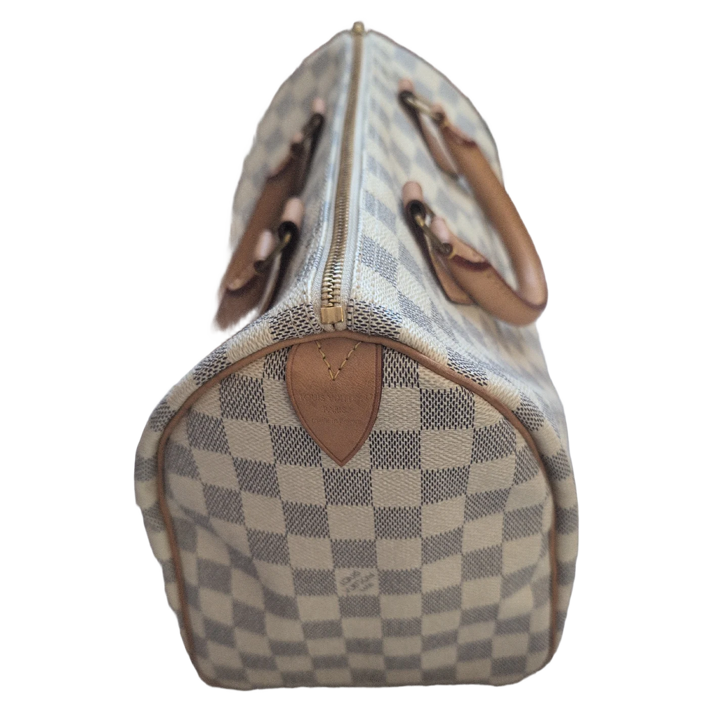 side view of Pre-owned Louis Vuitton Speedy 30 Damier Azur Canvas Hand Bag