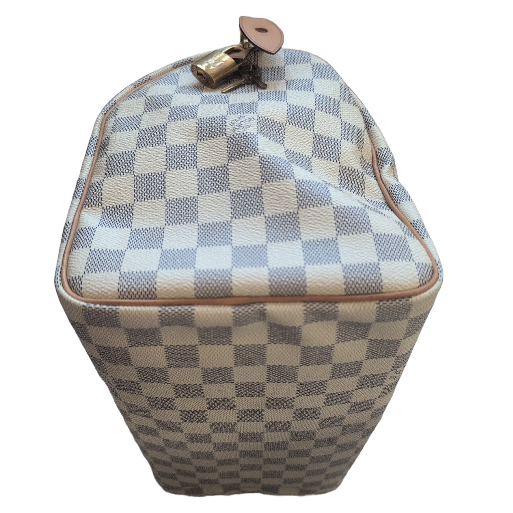 bottom corners Pre-owned Louis Vuitton Speedy 30 Damier Azur Canvas Hand Bag