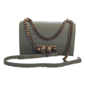Front view of Pre-Owned Alexander McQueen Skull Jewelled  Croc-Embossed Chain Shoulder Bag