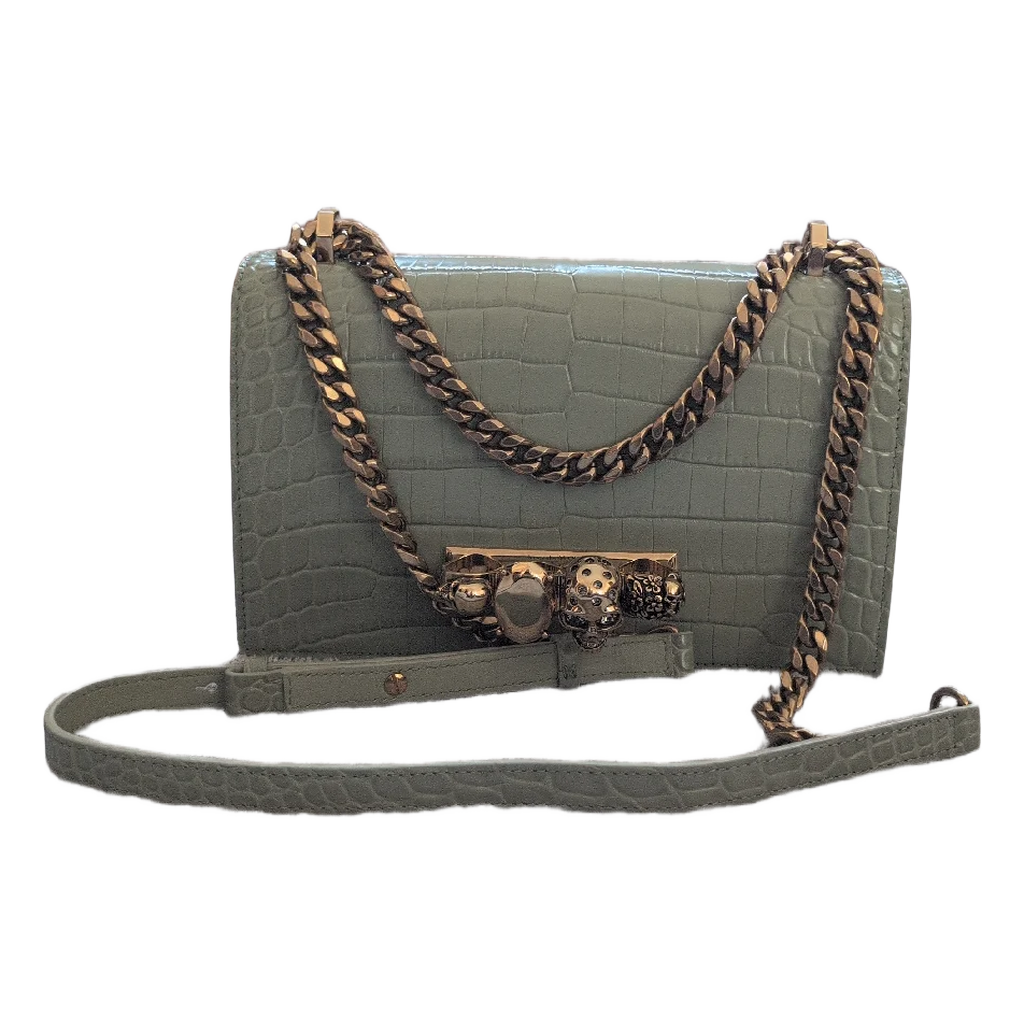 Front view of Pre-Owned Alexander McQueen Skull Jewelled  Croc-Embossed Chain Shoulder Bag