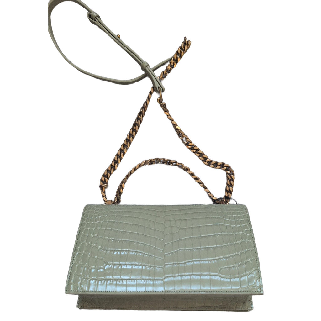 back of the Pre-Owned Alexander McQueen Skull Jewelled  Croc-Embossed Chain Shoulder Bag