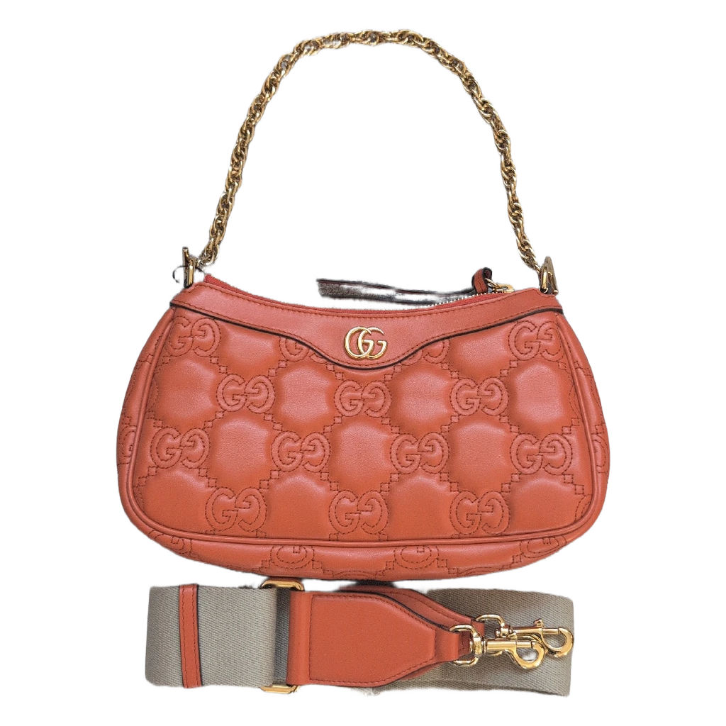 Pre-owned Gucci GG Quilted Matelasse Leather Mini Shoulder Bag In Orange front close up
