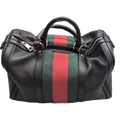 Pre-Owned Gucci Black Leather Striped Boston Bag with Strap front view