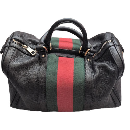 Pre-Owned Gucci Black Leather Striped Boston Bag with Strap front view