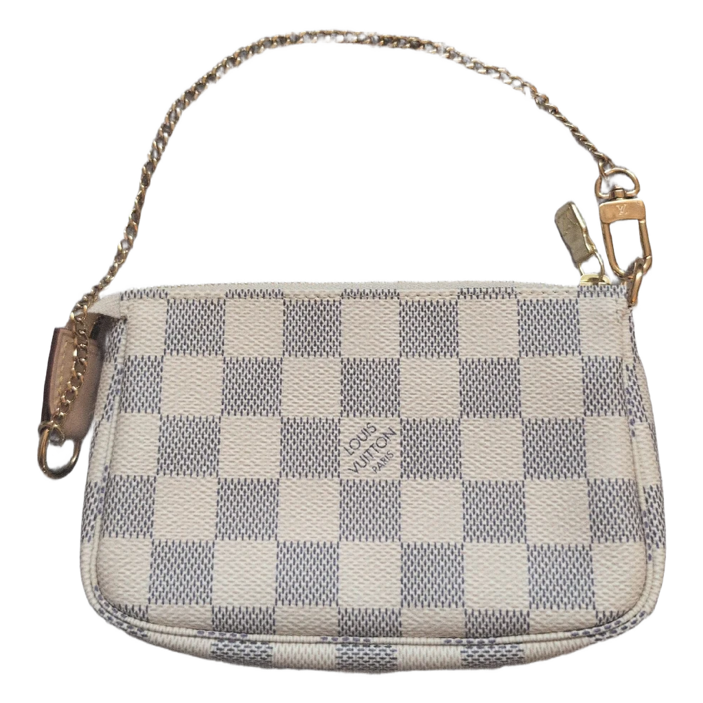 front view of Pre-owned Louis Vuitton Mini Pochette Damier AZUR Canvas