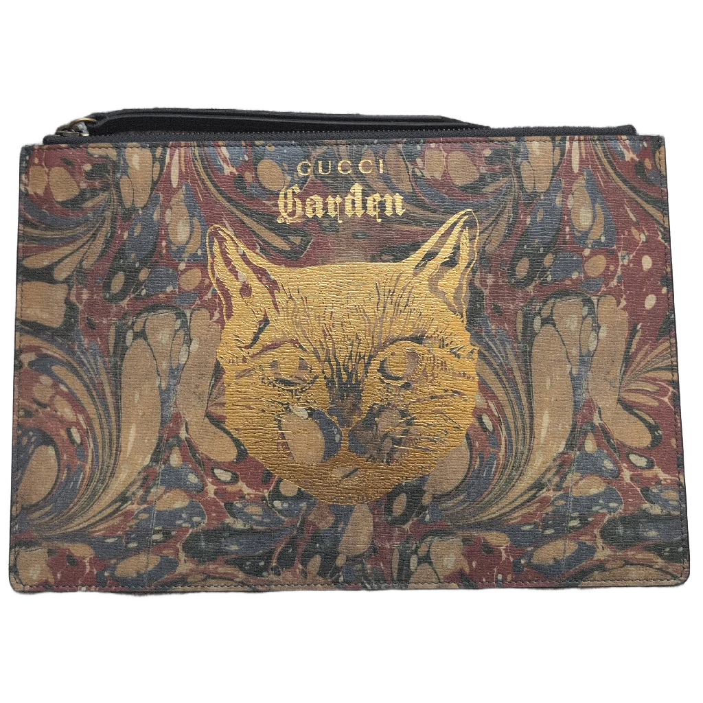 Front view of Pre-owned Gucci Garden Leather Cat Head Clutch