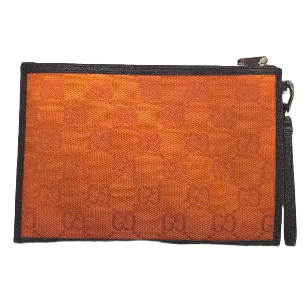 close up of back of Pre-owned Gucci Off The Grid High Orange Nylon Clutch Bag