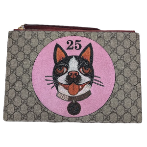 Pre-Owned Gucci GG Supreme Dog Bosco Applique Pouch Clutch Bag in Canvas