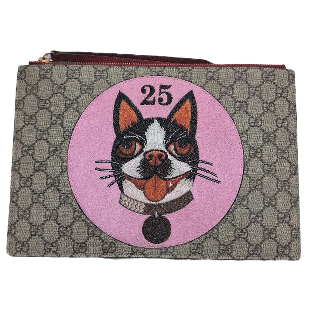 front view of Pre-Owned Gucci GG Supreme Dog Bosco Applique Pouch Clutch Bag in Canvas