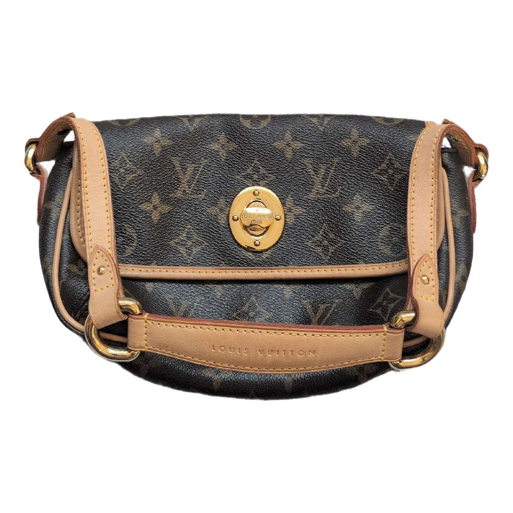 front showin strap logo Pre-owned Louis Vuitton Tikal Shoulder Bag PM Brown Canvas Leather Monogram