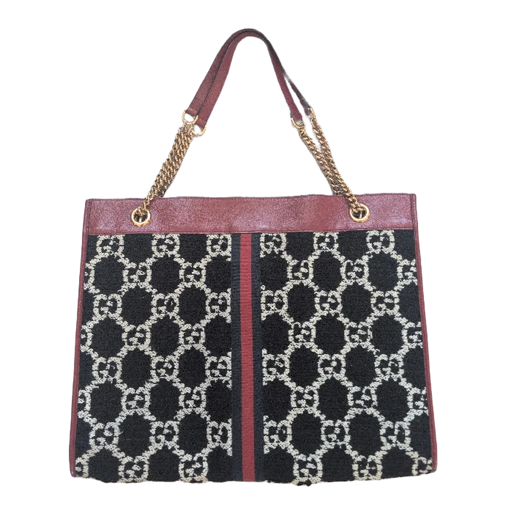 back view of Pre-owned Gucci Rajah Beige Interior Tote Large Black/Red/White GG Tweed