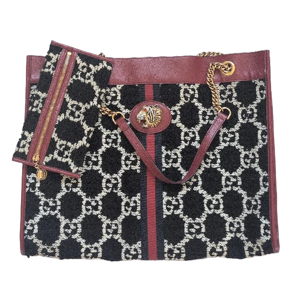 front view with ourse Pre-owned Gucci Rajah Beige Interior Tote Large Black/Red/White GG Tweed