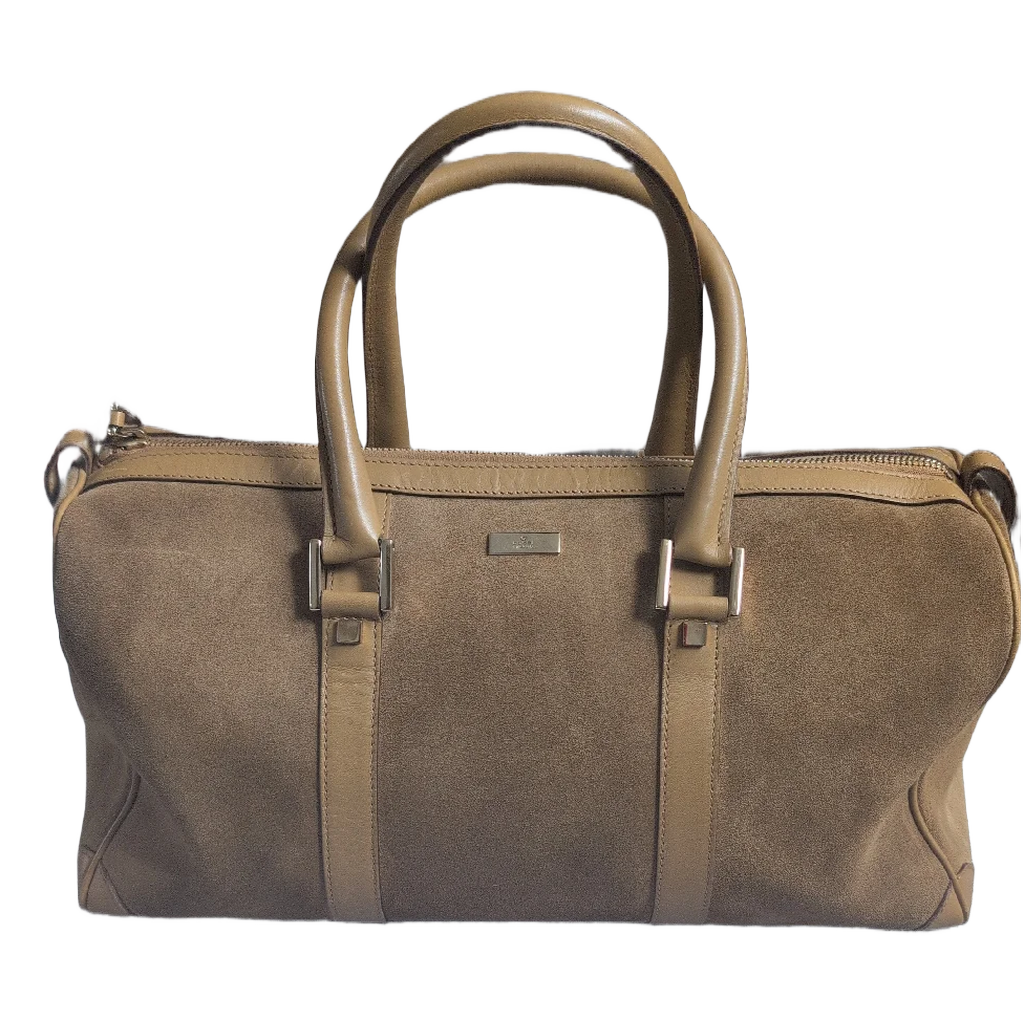 Front view of Pre-Owned Gucci Mustard Brown Suede Boston Bag 