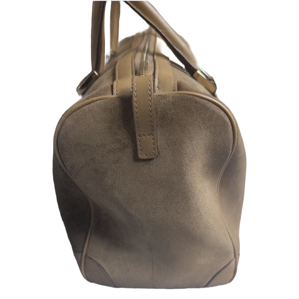 side of Pre-Owned Gucci Mustard Brown Suede Boston Bag 