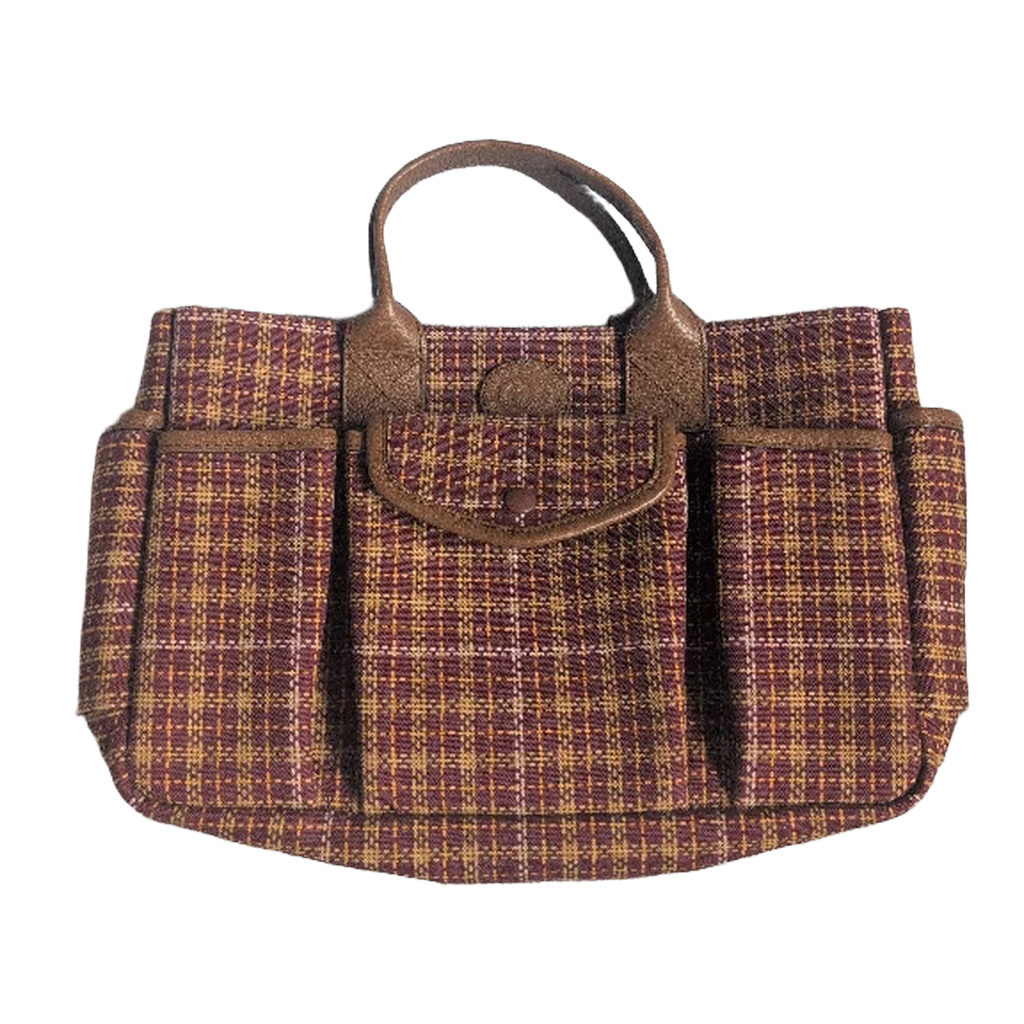 front of Pre-Owned Gucci Interlocking GG Plaid Brown Multi Canvas Leather Tote