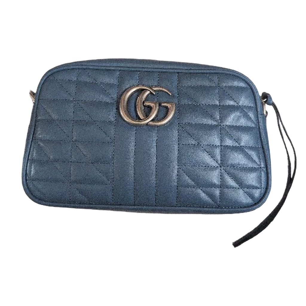 Front of Pre-Owned Gucci GG Marmont Blue Leather Camera Bag