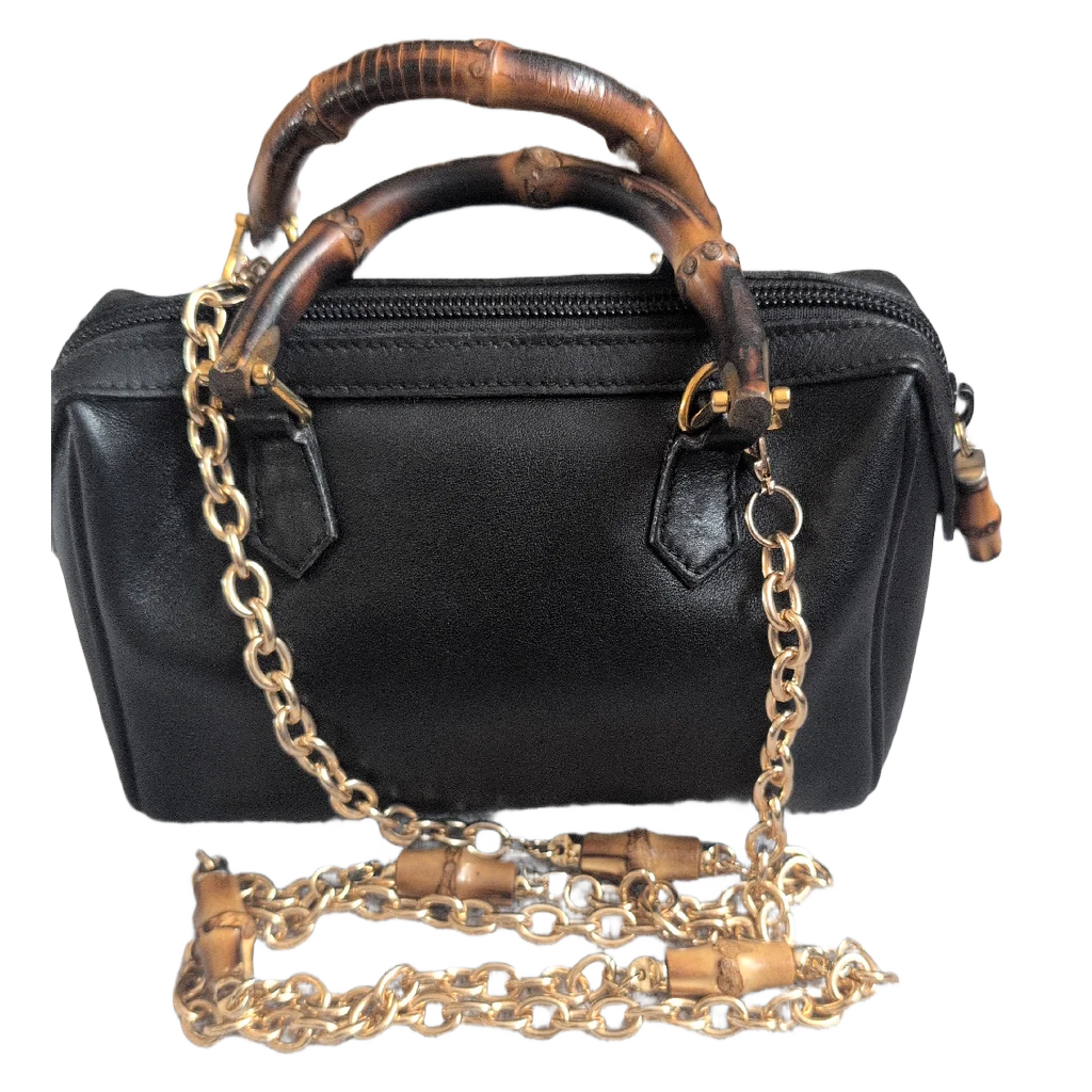 front view with chain GUCCI Bamboo Mini Black Leather Bamboo Shoulder Bag 