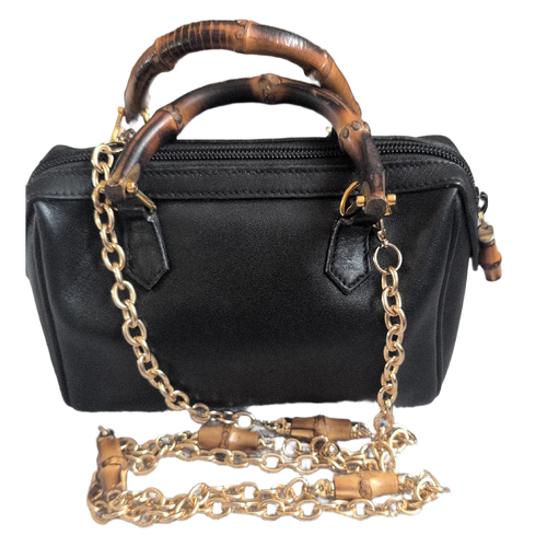 front view with chain GUCCI Bamboo Mini Black Leather Bamboo Shoulder Bag 