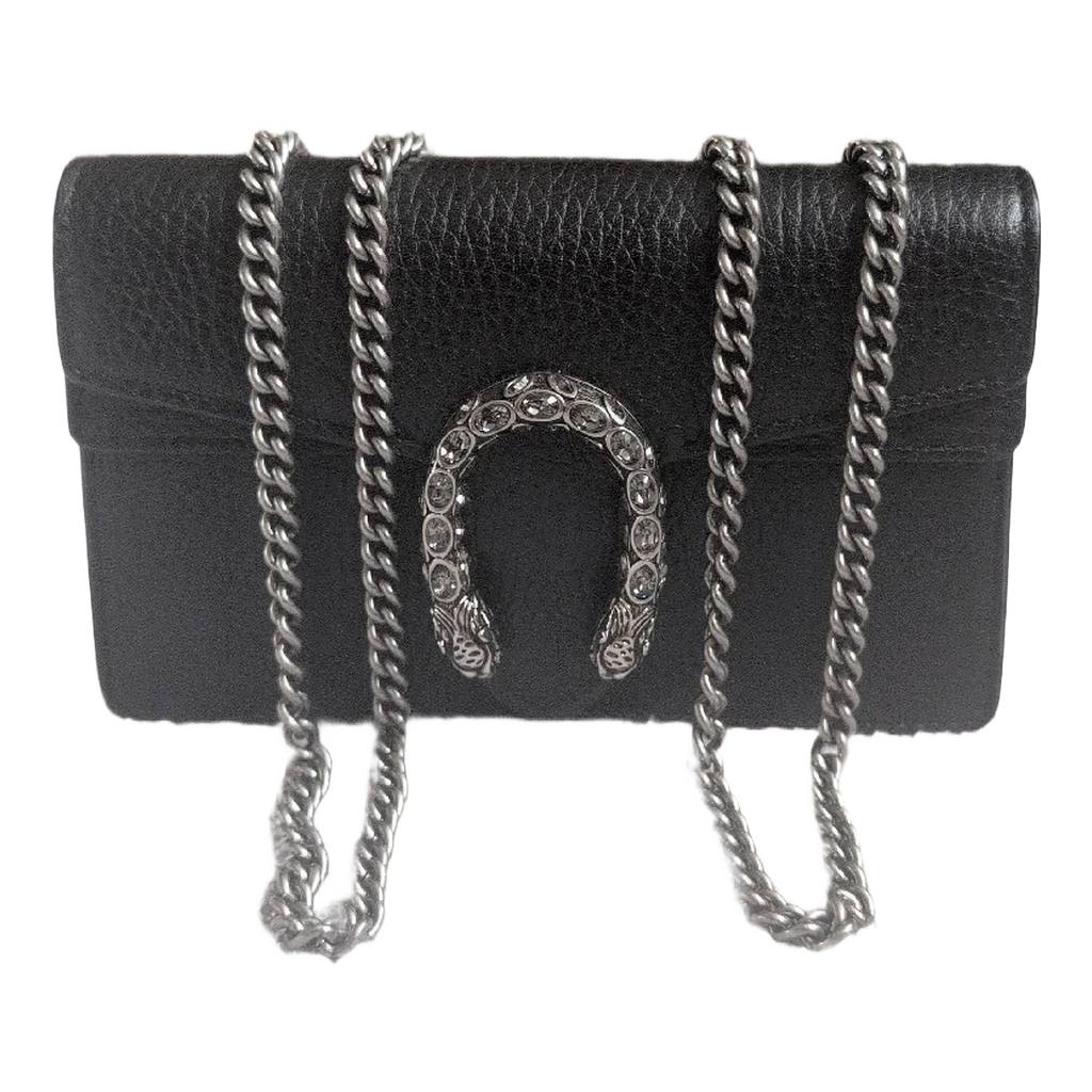front view with chain Pre-Owned Gucci Dionysus Black Pebbled Leather Mini Bag
