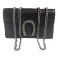 front view with chain Pre-Owned Gucci Dionysus Black Pebbled Leather Mini Bag