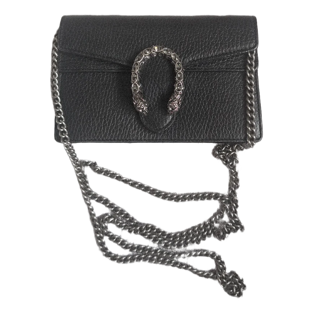 showing full length of chain Pre-Owned Gucci Dionysus Black Pebbled Leather Mini Bag