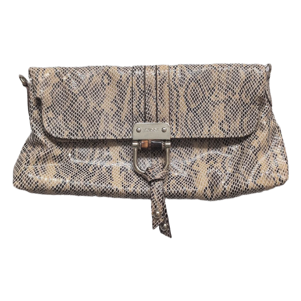 front view of Pre-Owned Gucci Python & Leather Croisette Bamboo Clutch Bag