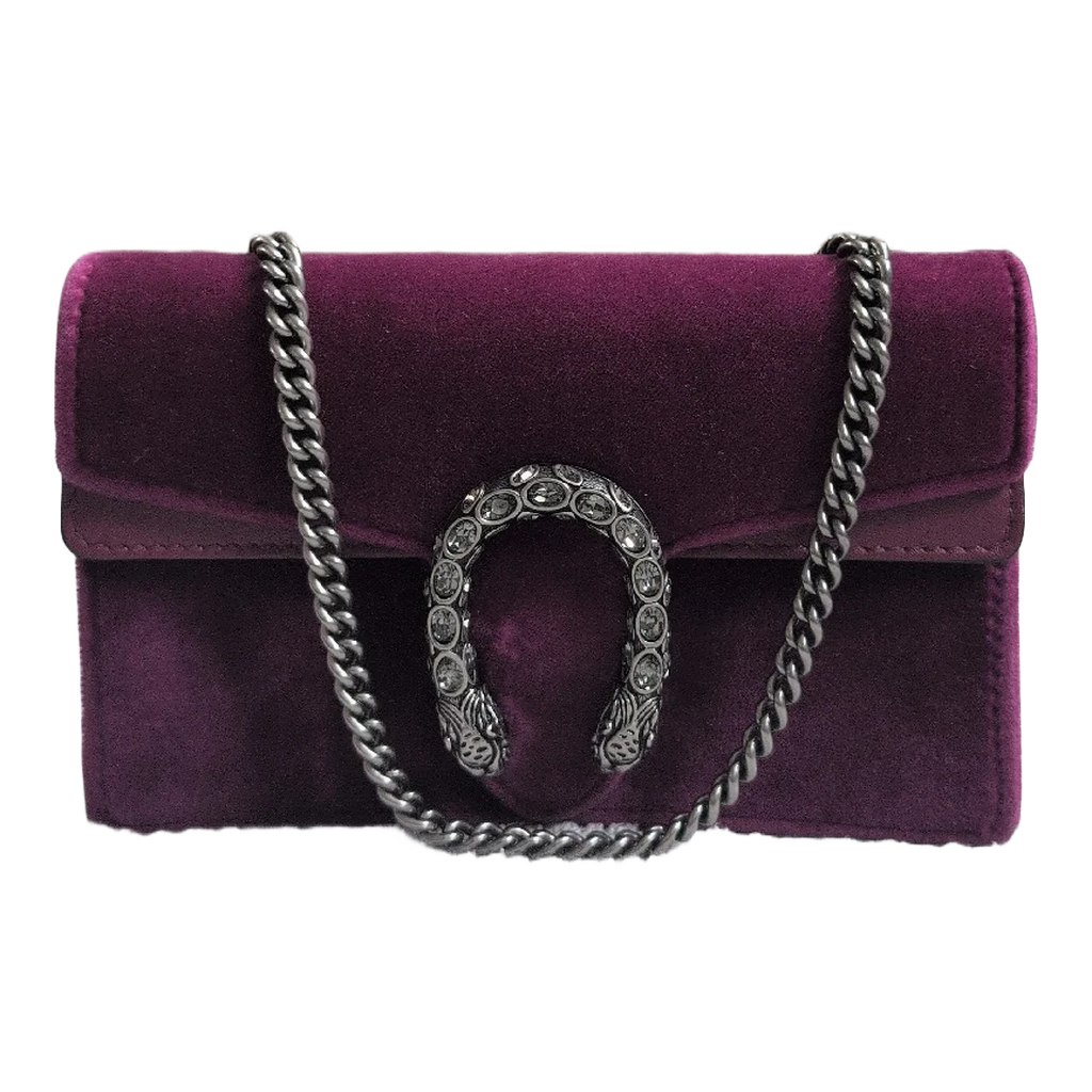 front of Pre-Owned Gucci Dionysus Mini Purple Velvet Leather Crossbody Shoulder Bag