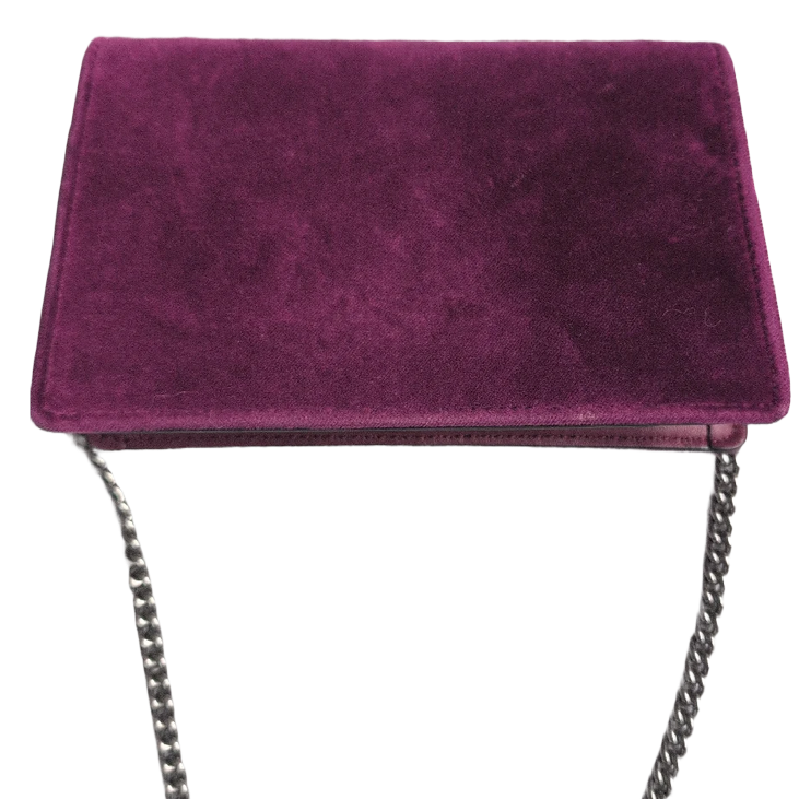 back of Pre-Owned Gucci Dionysus Mini Purple Velvet Leather Crossbody Shoulder Bag