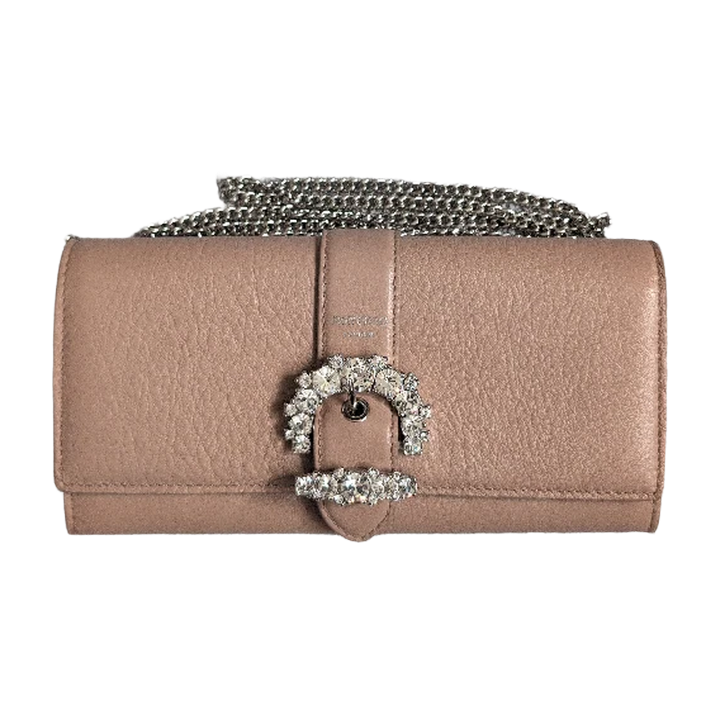 front view of Pre-Owned Jimmy Choo Cheri Continental Encrusted Powder Pink Wallet On Chain