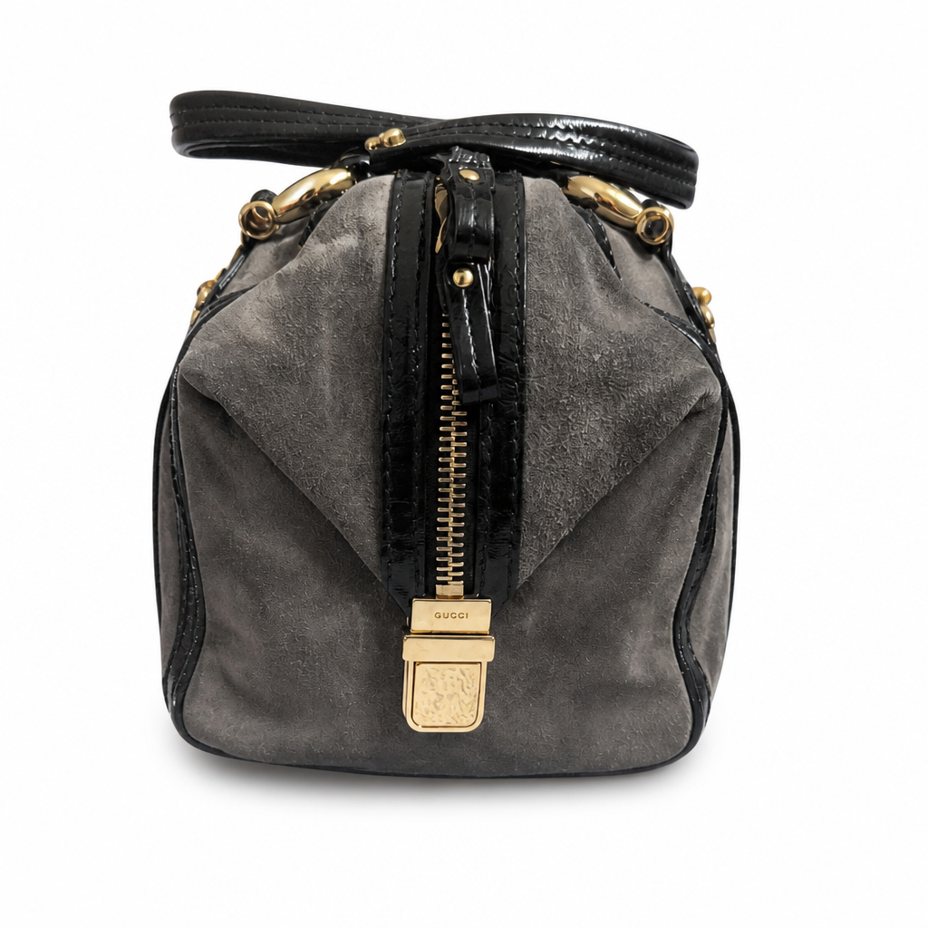 side of Pre-Owned Gucci Grey Suede Aviatrix Boston Bag