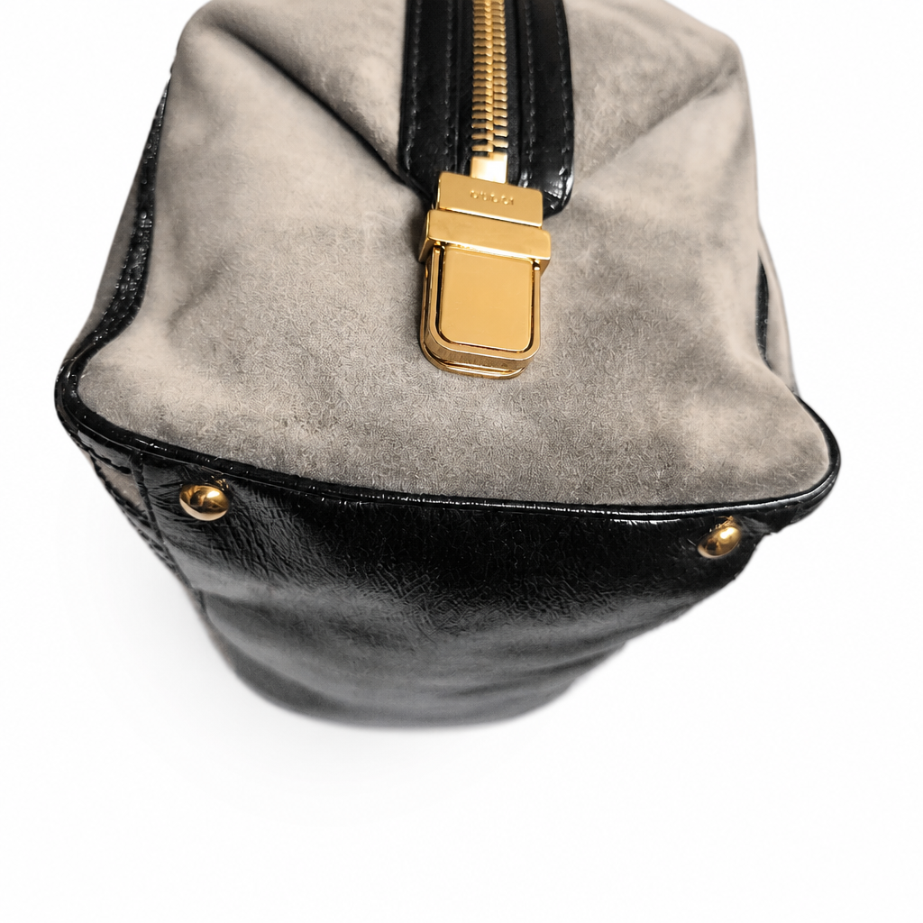 other side of Pre-Owned Gucci Grey Suede Aviatrix Boston Bag.