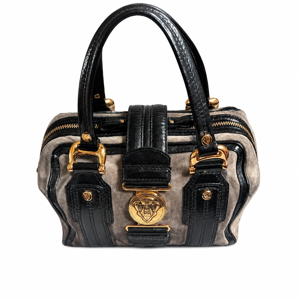 front of Pre-Owned Gucci Grey Suede Aviatrix Boston Bag