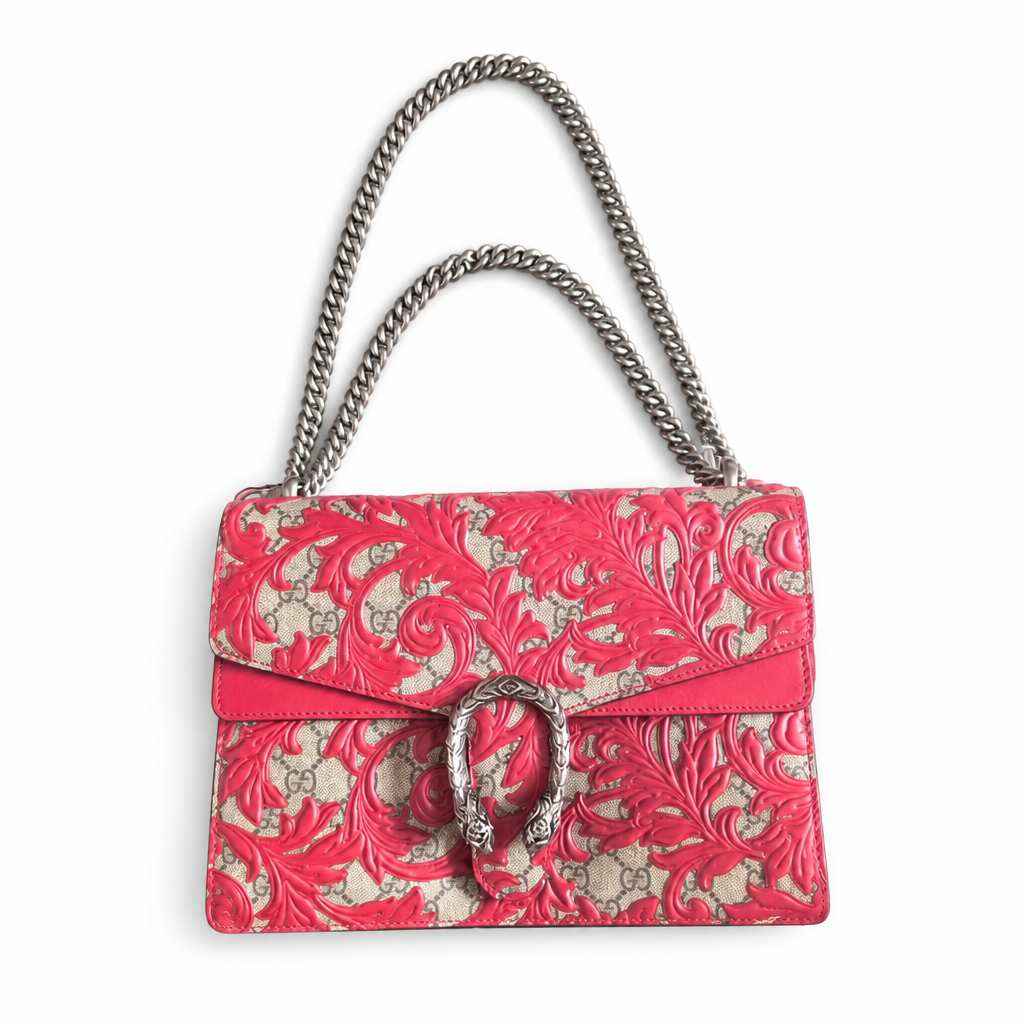 front of Pre-Owned Gucci GG Coated Canvas Supreme and Leather Arabesque Medium Dionysus Bag