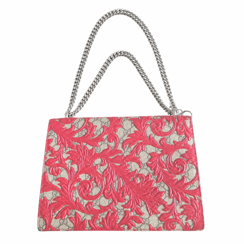 back of Pre-Owned Gucci GG Coated Canvas Supreme and Leather Arabesque Medium Dionysus Bag