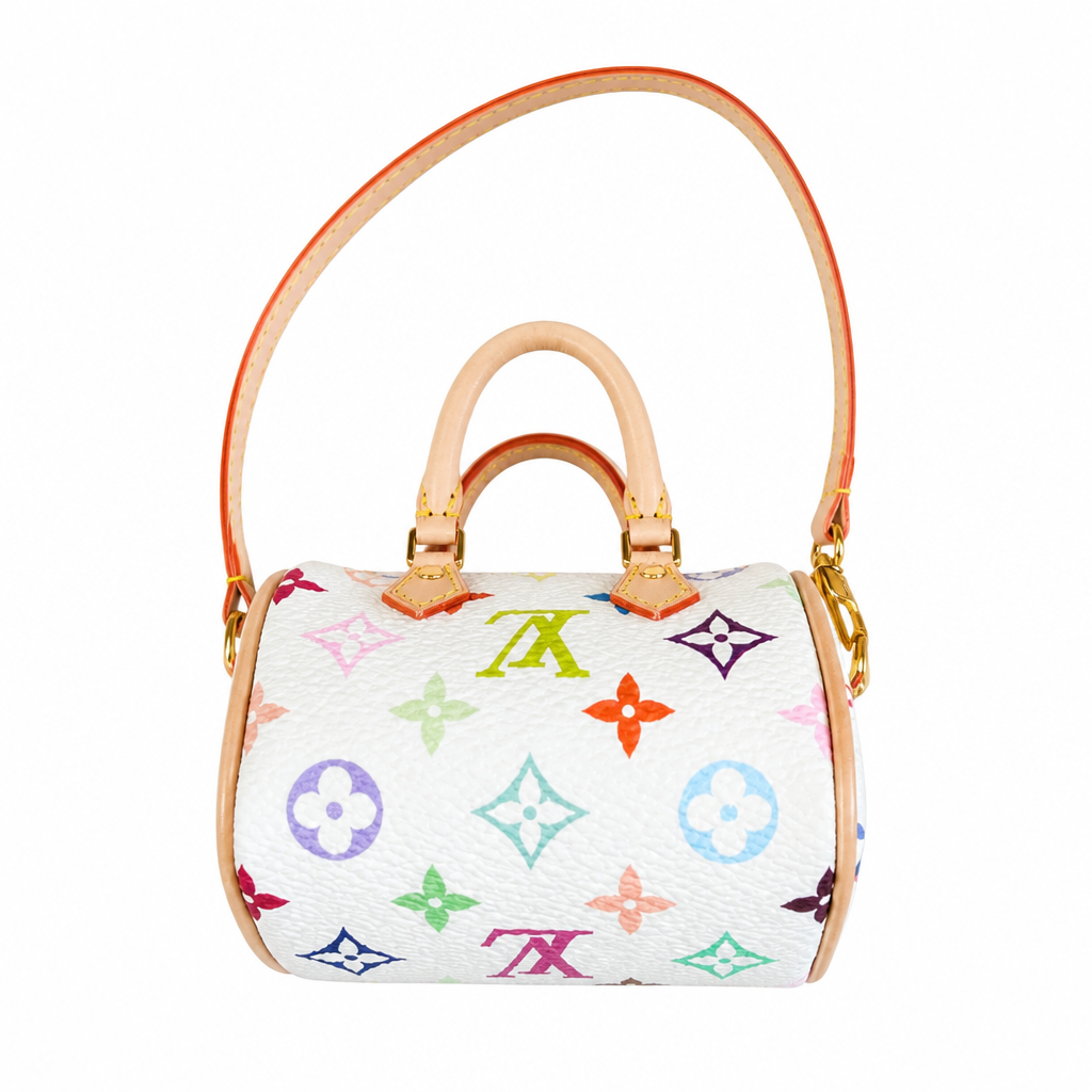 cloes up of Louis Vuitton x Takashi Murakami White Multicolore Micro Speedy Bag Charm