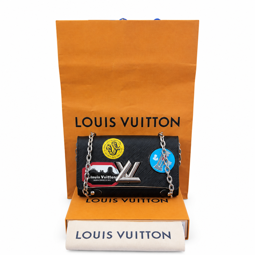 full set Pre-Owned Louis Vuitton Twist Wallet on Chain (WOC) – Epi Leather – Limited Edition Stickers world tour– Full Set