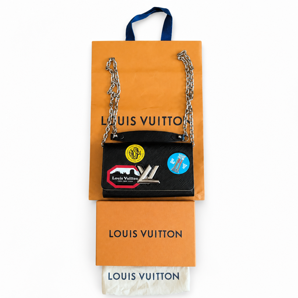 full set Pre-Owned Louis Vuitton Twist Wallet on Chain (WOC) – Epi Leather – Limited Edition Stickers world tour– Full Set