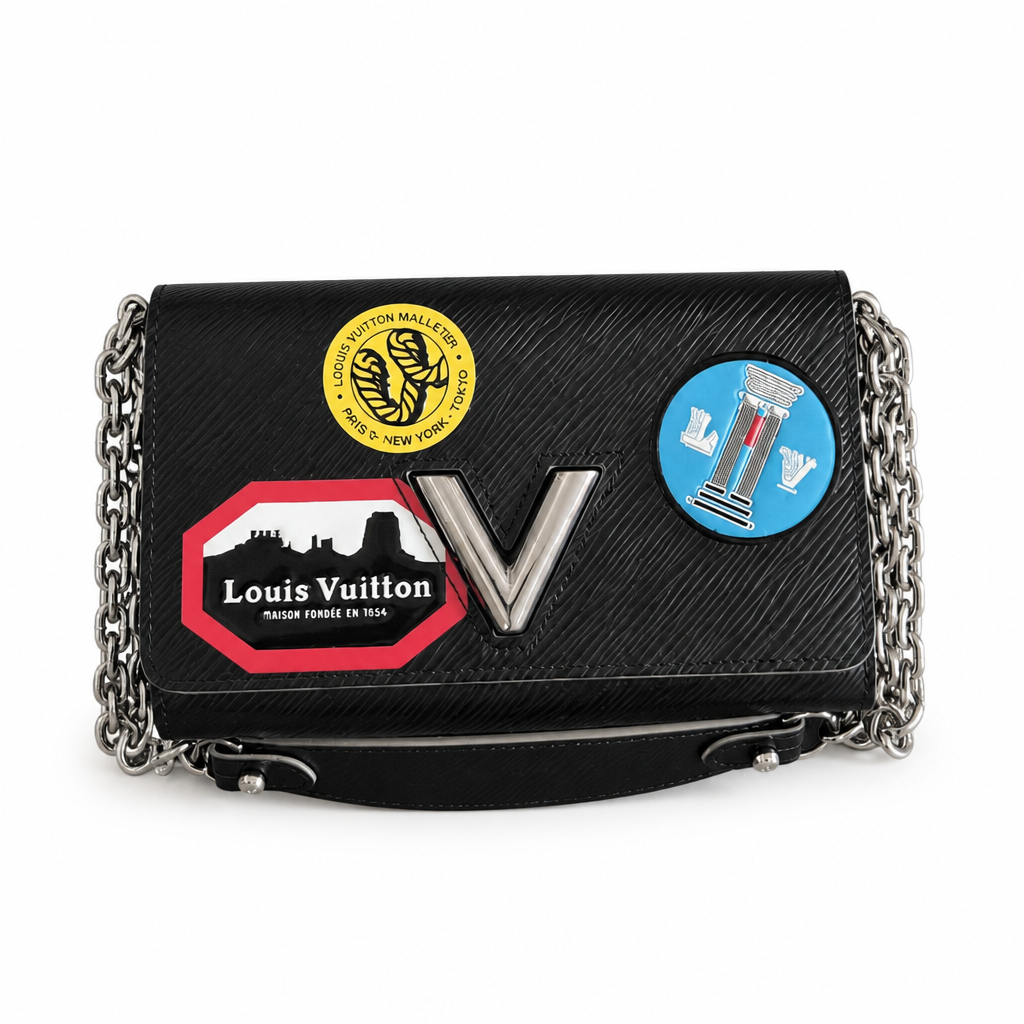 front Pre-Owned Louis Vuitton Twist Wallet on Chain (WOC) – Epi Leather – Limited Edition Stickers world tour– Full Set