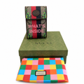 Gucci monogram PHONE HOLDER  with a colorful interior peeking out, displayed on top of an olive green Gucci box with a multicolor checkered dust bag in front, on a white background. Pre-Owned Gucci x Ken Scott "What's Inside" Crossbody Phone Holder – GG Supreme Canvas – Full Set