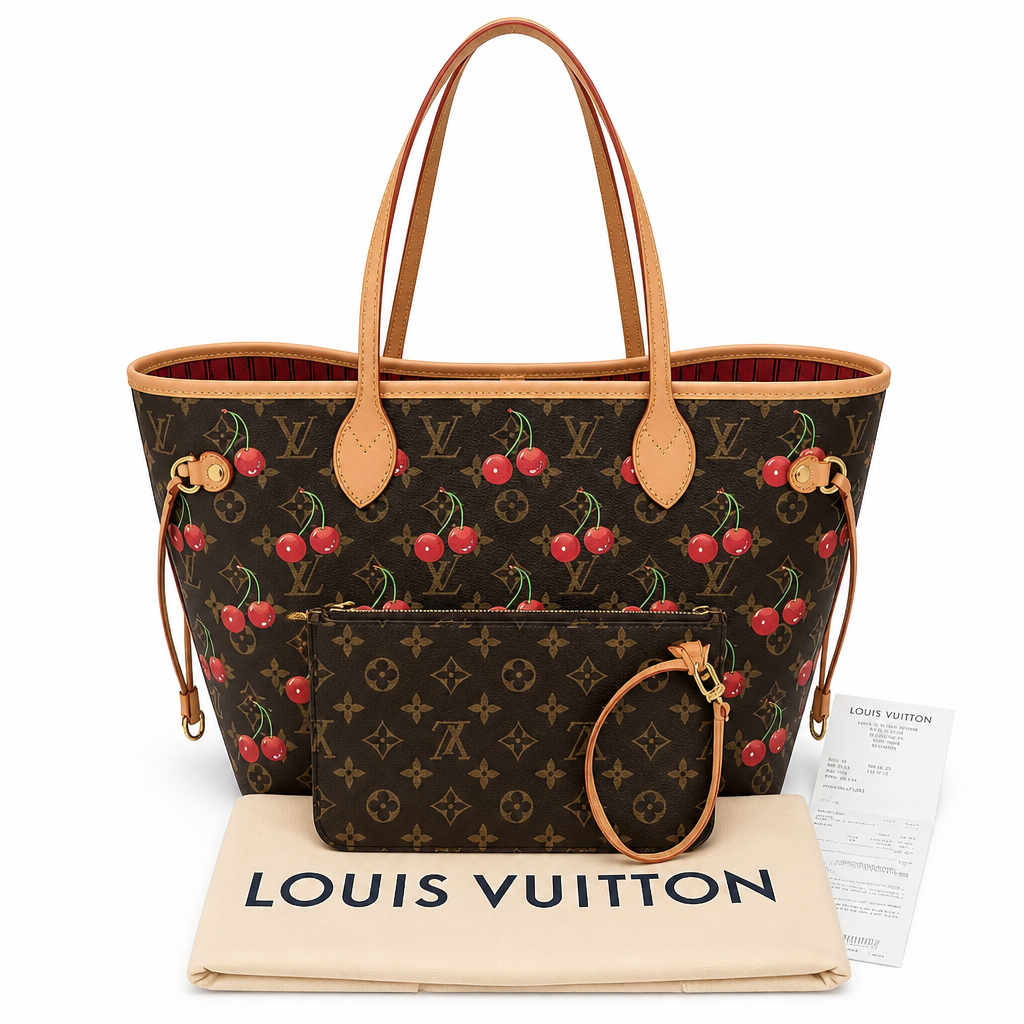 full set Pre-Owned Louis Vuitton x Takashi Murakami Cherry Neverfull MM Tote Bag with Pouch