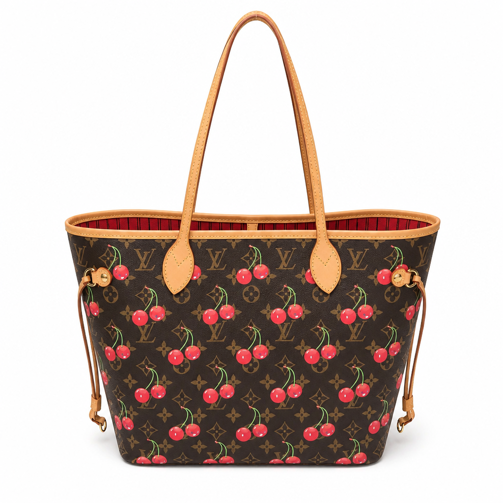 back Pre-Owned Louis Vuitton x Takashi Murakami Cherry Neverfull MM Tote Bag with Pouch