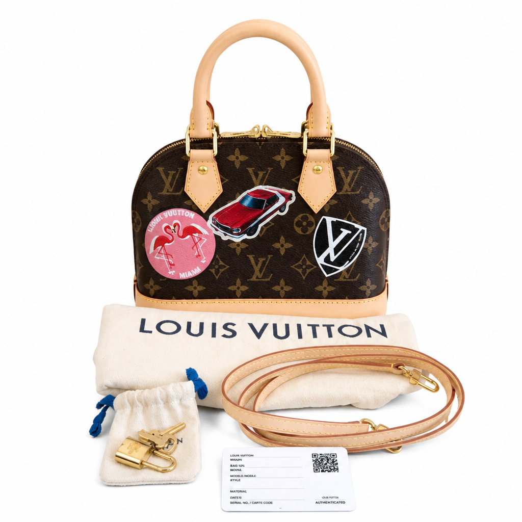 back Pre-Owned Louis Vuitton Alma BB Monogram World Tour / Travel Sticker Shoulder Bag